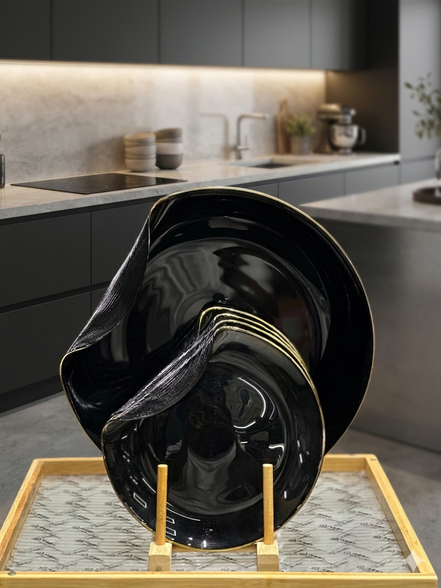 Kynzo Organic Midnight Black & Gold Dinnerware Set – 7-Piece