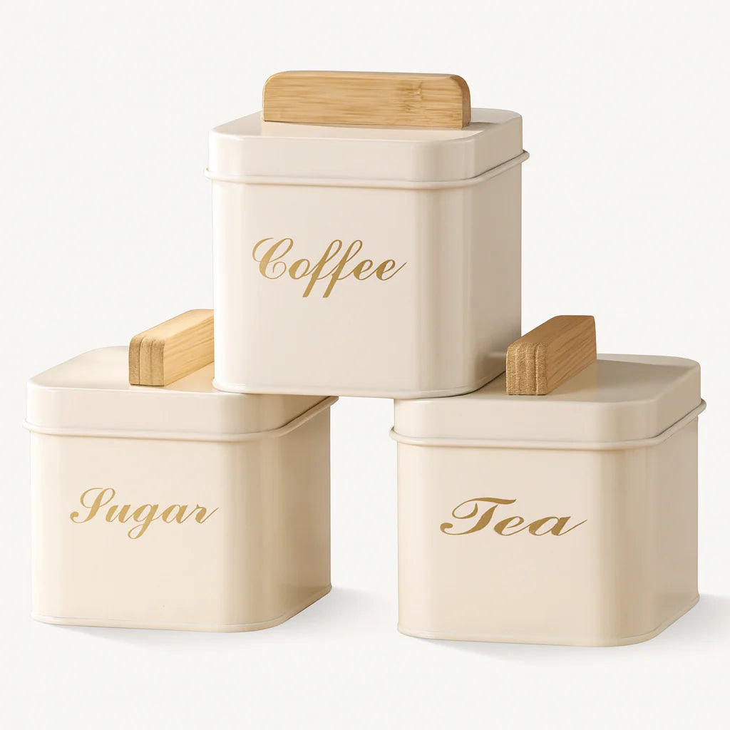 3-Piece Square Metal Sugar Canister Set With Bamboo Lids