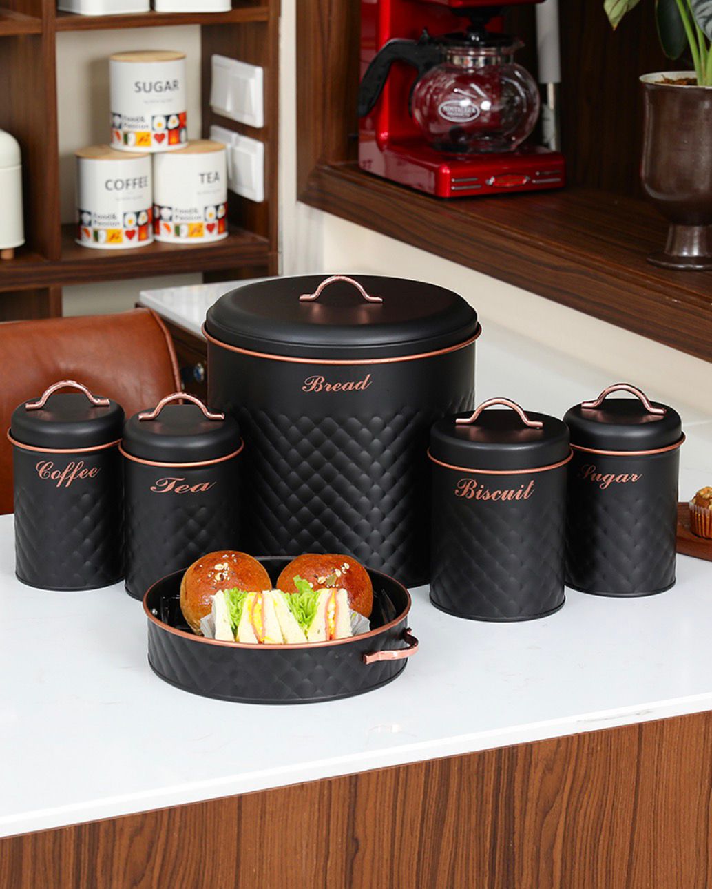 Premium Bread, Biscuit, Tea, Coffee & Sugar Canister Set with Elegant Serving Tray - Kitchen Storage & Organizer | 6pcs Set