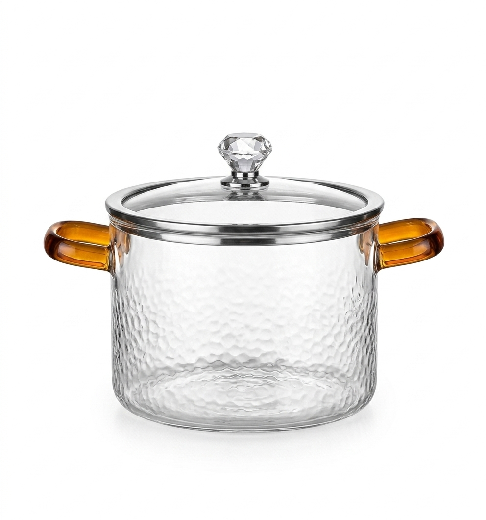 800ml Mini Borosilicate Glass Casserole with Lid | Heat-Resistant Hammered Glass Cooking Pot