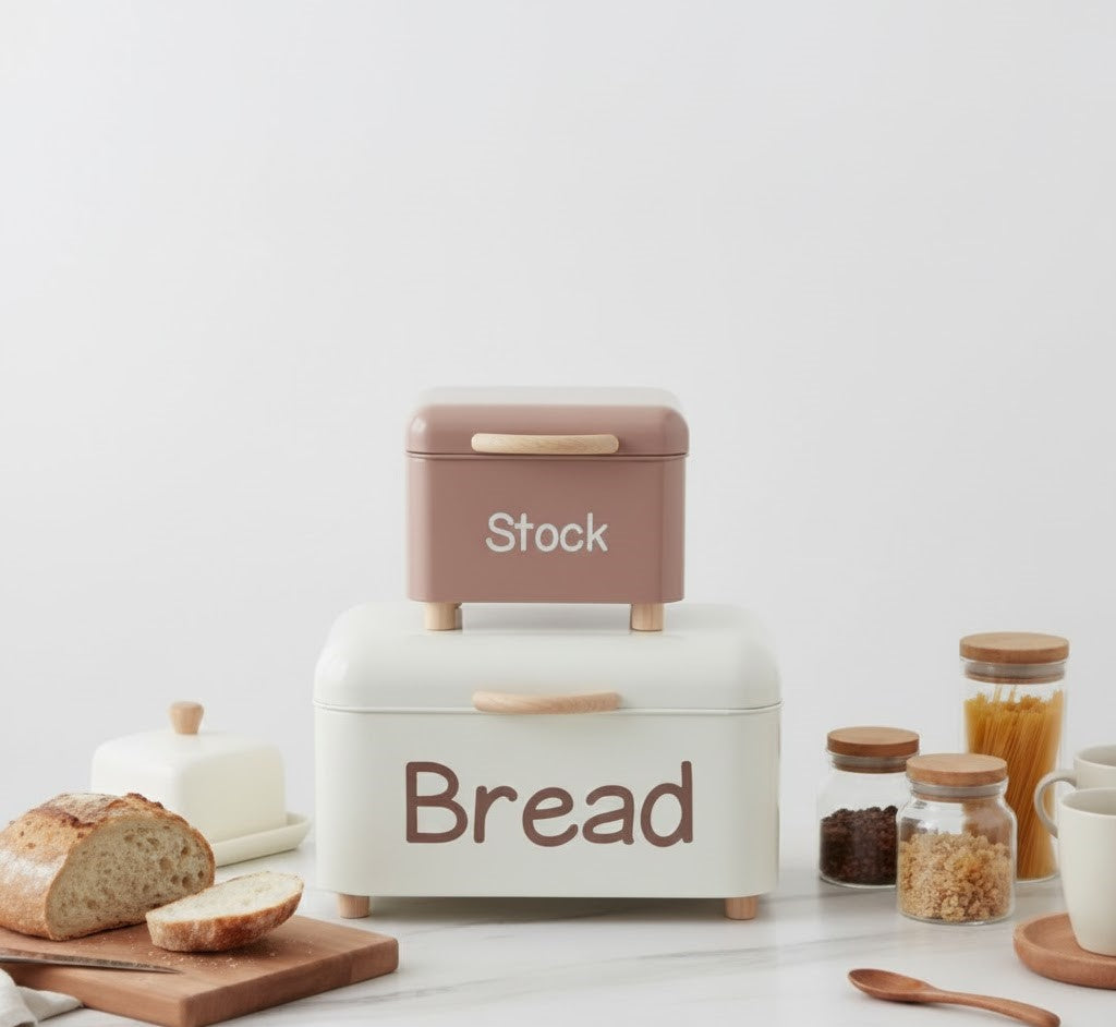 2PCS Nordic Style Bread Box Set – Metal Kitchen Counter Storage Bins with Wooden Handles