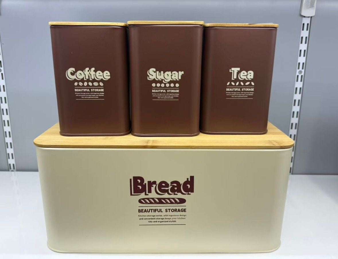 4-Piece Vintage Bread Box & Canister Set – Matte Brown Coffee, Sugar, Tea Jars with Bamboo Lids
