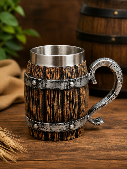 450ml Viking Barrel Beer Mug with Stainless Steel Liner – Rustic Resin Tankard
