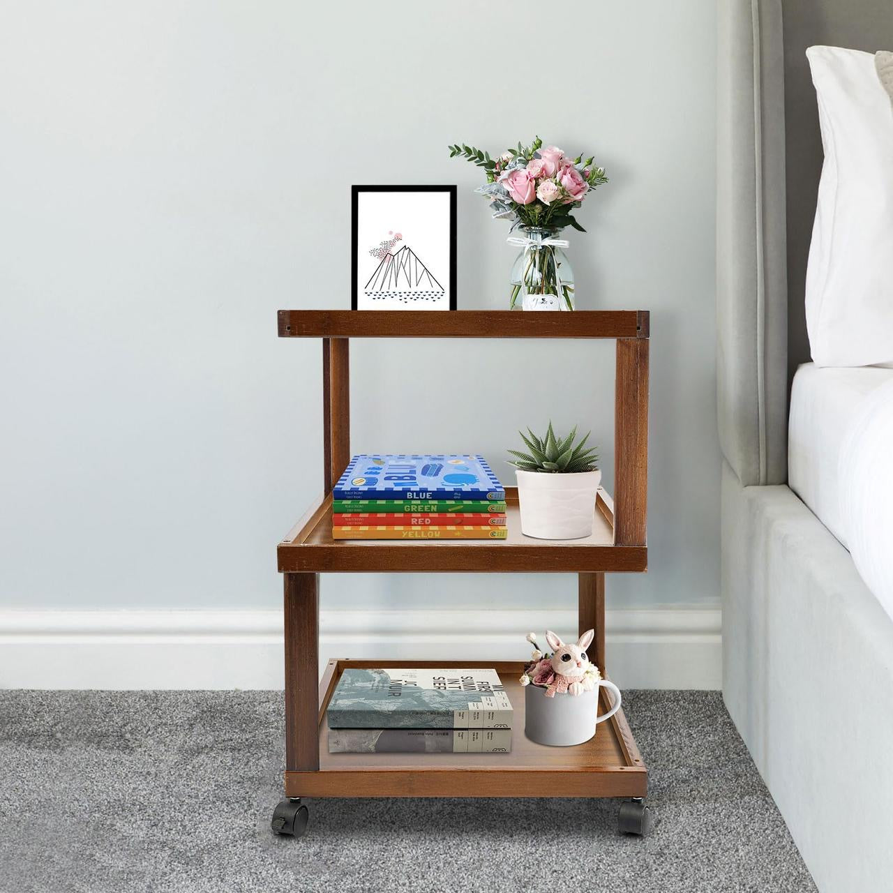 3-Tier Bamboo Rolling Nightstand – Mobile End Table with Storage Shelves for Bedroom & Living Room