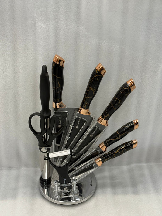 Luxury 8-Piece Knife Set with Stand - Marble/Wooden Texture Design