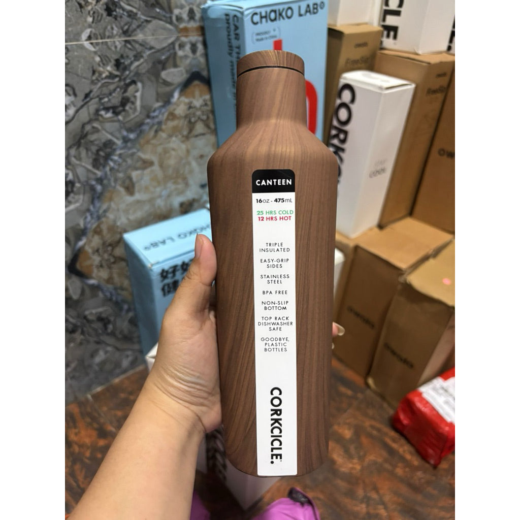 Corkcicle Wood Finish Insulated Stainless Steel Canteen Bottle | 16oz (475ml)