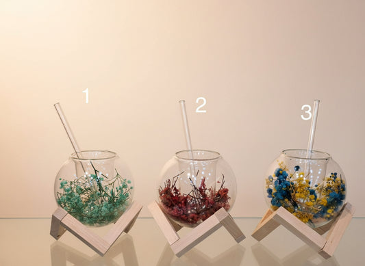 Flower Round Ball Shaped Ins Juice & Cocktail Glass With Straw & Wood Stand