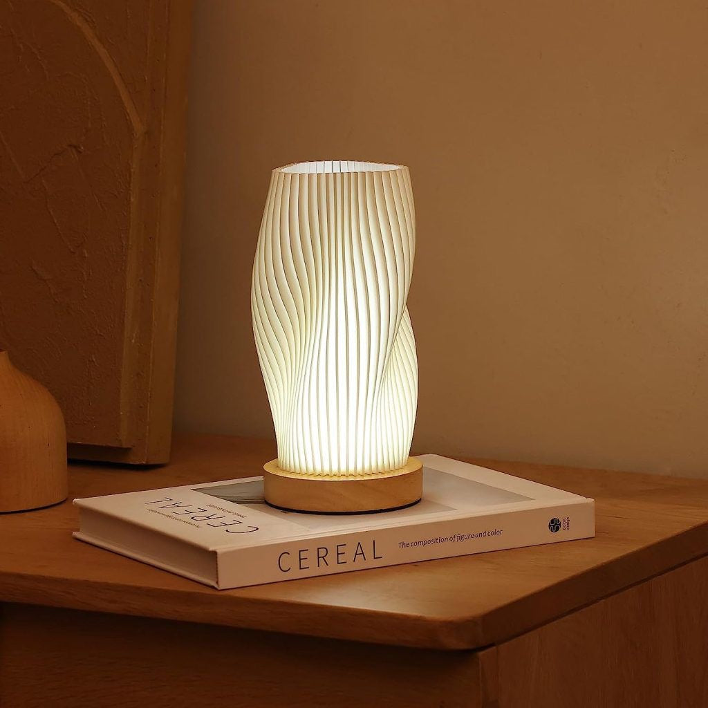 Modern 3D Printed Wavy Table Lamp - Minimalist Twisted Pleated Desk Light with Wood Base - Nordic Style Nightlight for Bedroom & Living Room