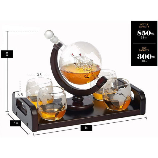 Globe whiskey decanter set with four Glasses & Wooden Rack