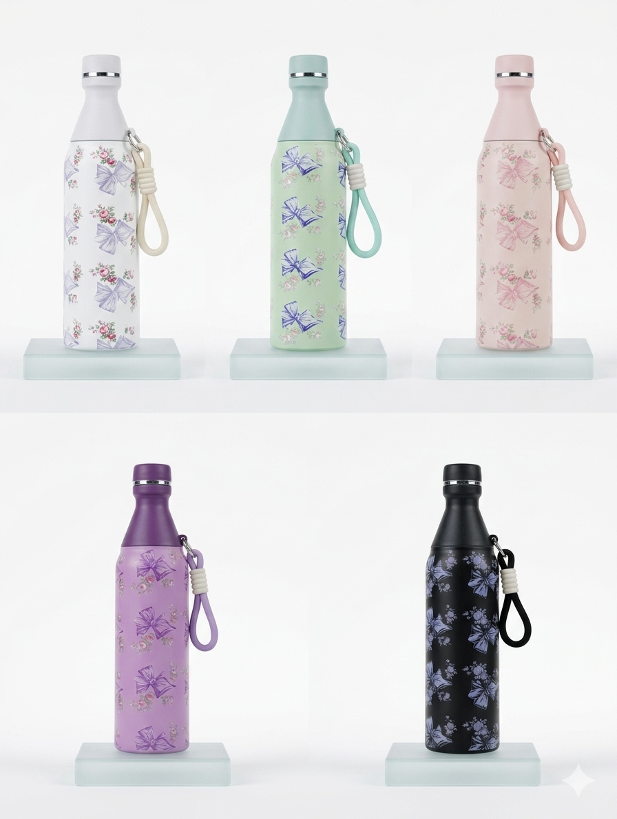 Coquette Aesthetic Bow & Floral Stainless Steel Water Bottle – 500ml Insulated Tumbler with Carrying Loop