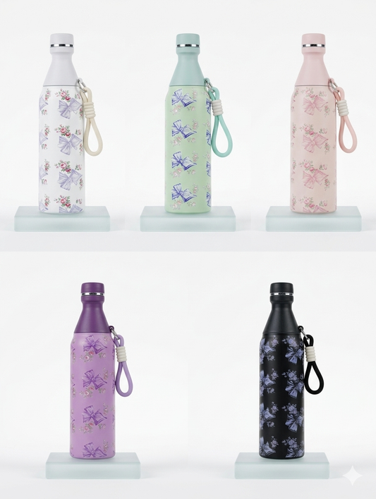 Coquette Aesthetic Bow & Floral Stainless Steel Water Bottle – 500ml Insulated Tumbler with Carrying Loop