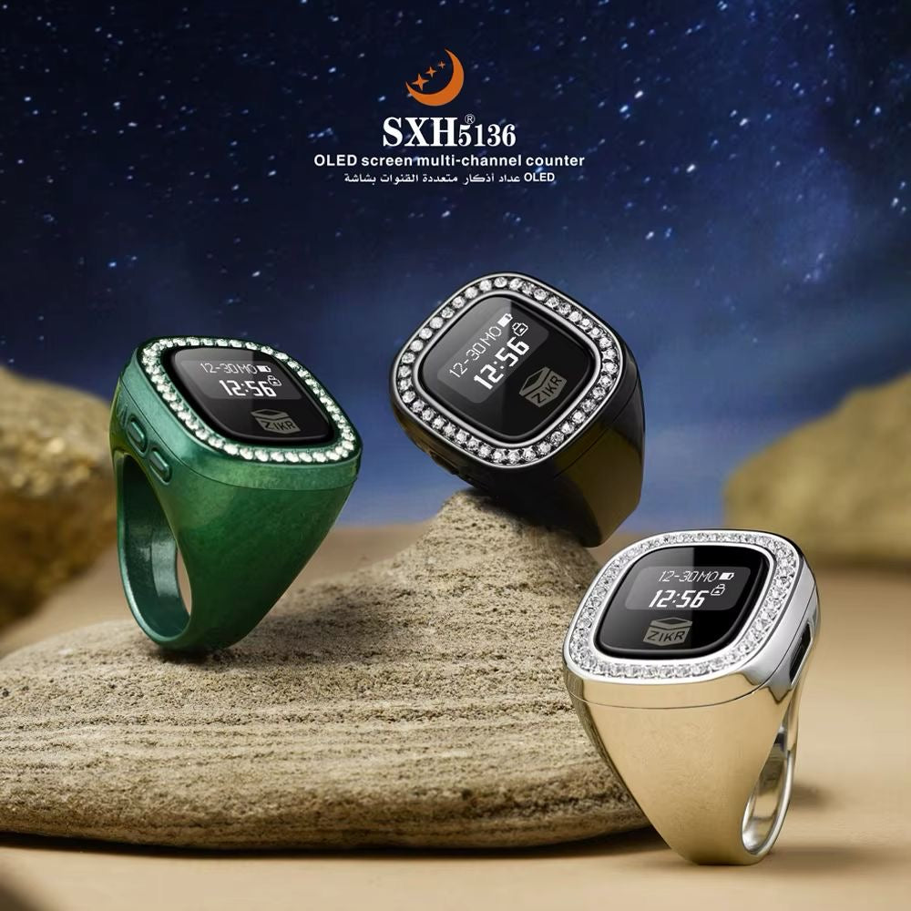 Luxury Diamond LED Zikr Ring OLED Digital Tasbeeh Counter Rechargeable Islamic Prayer Ring