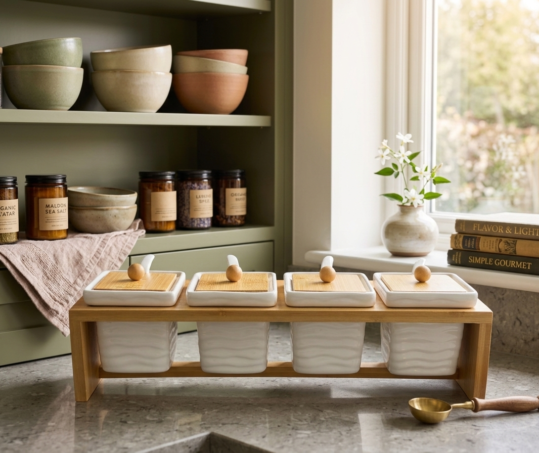 4-Piece Square Ceramic Spice Jar Set with Bamboo Lids, Serving Spoons, and Elevated Bamboo Rack – Modern Kitchen Seasoning Organizer