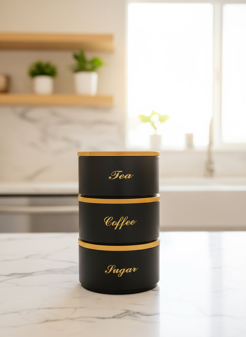 3 PIECES METAL KITCHEN STORAGE JARS SET – TEA COFFEE & SUGAR CANISTERS WITH BAMBOO LIDS, LUXURY COUNTERTOP ORGANIZER