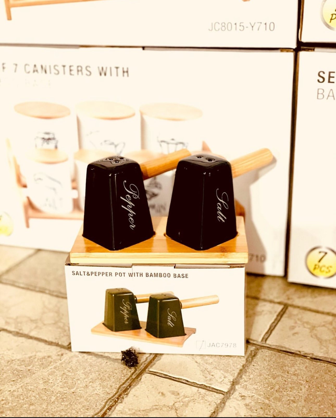 Ceramic Salt Shaker Set with Wooden Handle Bamboo Base