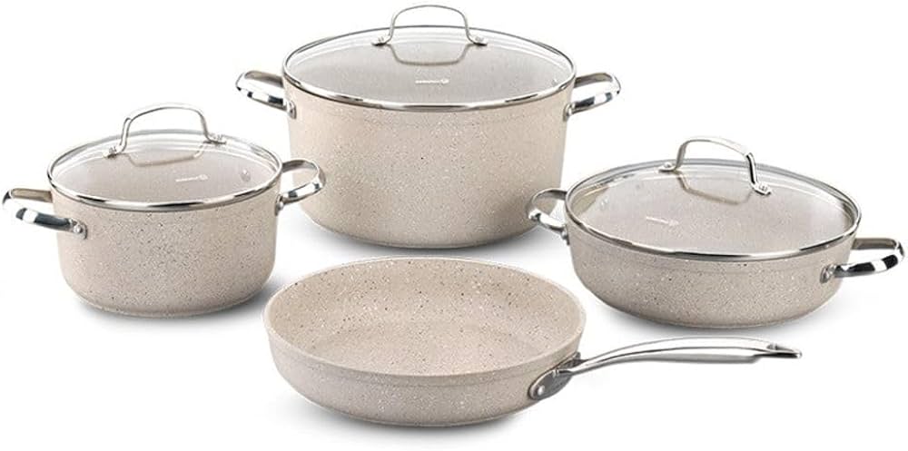 Korkmaz Granita 7 Pieces Non-Stick Cookware Set | Forged Aluminum Granite Coated Induction Base Cookware Pots and Pans Set | Beige - A1272