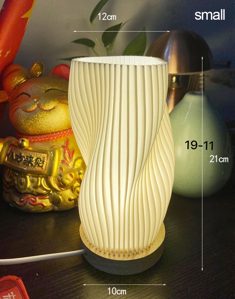 Modern 3D Printed Wavy Table Lamp - Minimalist Twisted Pleated Desk Light with Wood Base - Nordic Style Nightlight for Bedroom & Living Room
