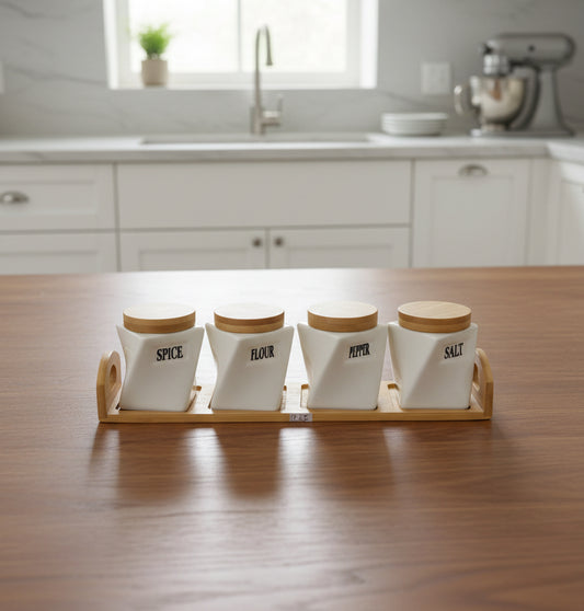 4 Pcs Ceramic Jar Set With Wooden Tray