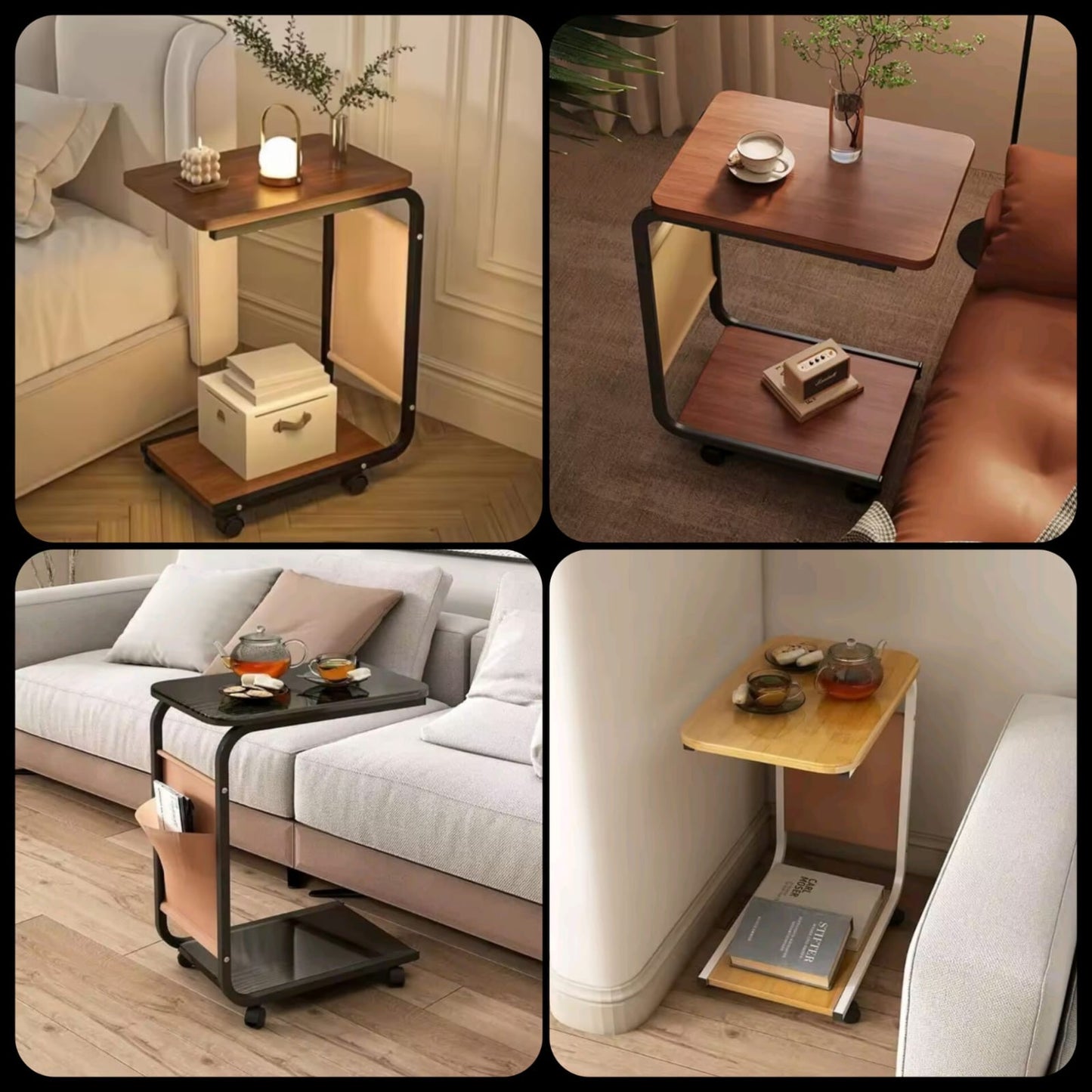 C-Shaped Side Table with Wheels & Magazine Holder | Wooden Sofa & Bedside Laptop Table