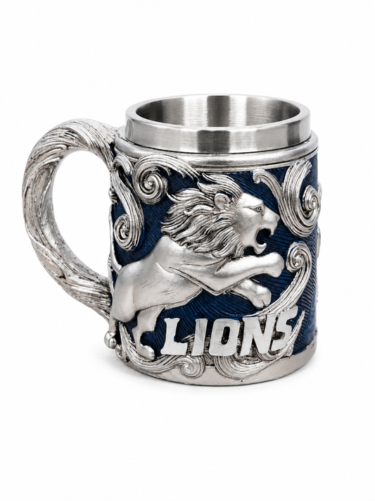 Livenda Lion Embroidered Steel Mug – 400ml 3D Embossed Lion Stainless Steel Tankard