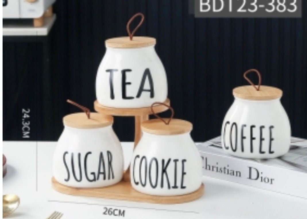3- Piece Ceramic Kitchen Canister Set with Bamboo Lids and Two-Tier Wooden Stand