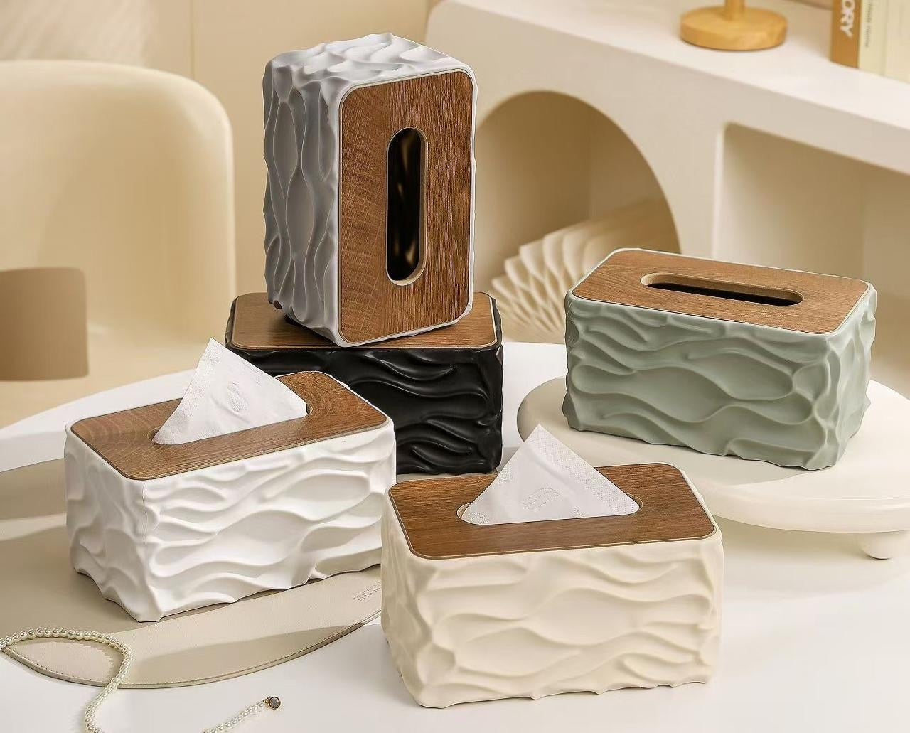 Elegant Design for a Home Table Rectangular Plastic and Wood Tissue Box