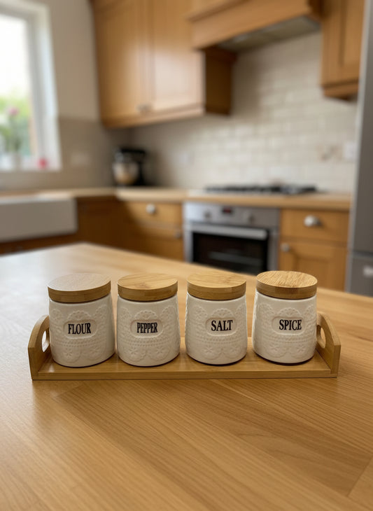 Textured 4 Pcs Ceramic Jar Set With Wooden Tray