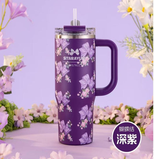 SITARAYURI "Flowers Nice Time" insulated stainless steel tumbler in a purple finish with a decorative bow and floral pattern | 900Ml