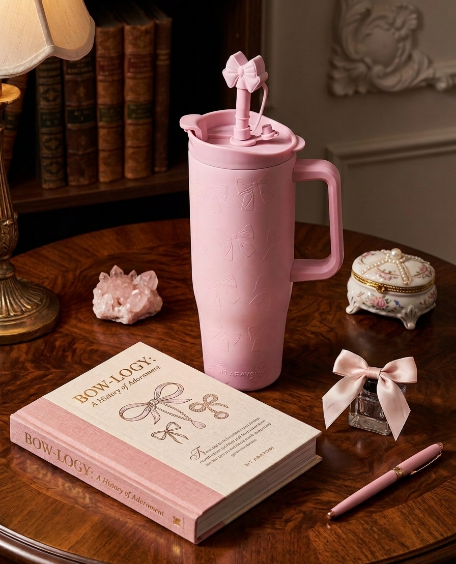 SITARAYURI Pearled Bow 40oz Insulated Tumbler with Handle & Bow Straw Topper