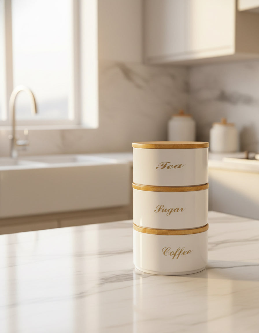 3 PIECES METAL KITCHEN STORAGE JARS SET – TEA COFFEE & SUGAR CANISTERS WITH BAMBOO LIDS, LUXURY COUNTERTOP ORGANIZER