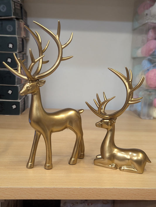 Gold Reindeer Figurines Set of 2 - Elegant Christmas Deer Statues for Home Decor & Mantle