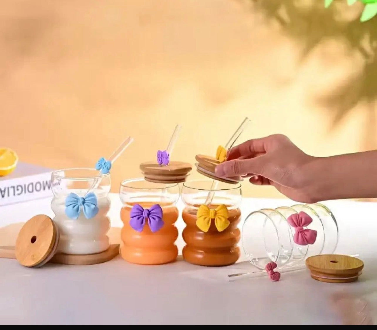 Aesthetic Bow Knot Glass Tumbler with Wooden Lid & Straw | 350Ml