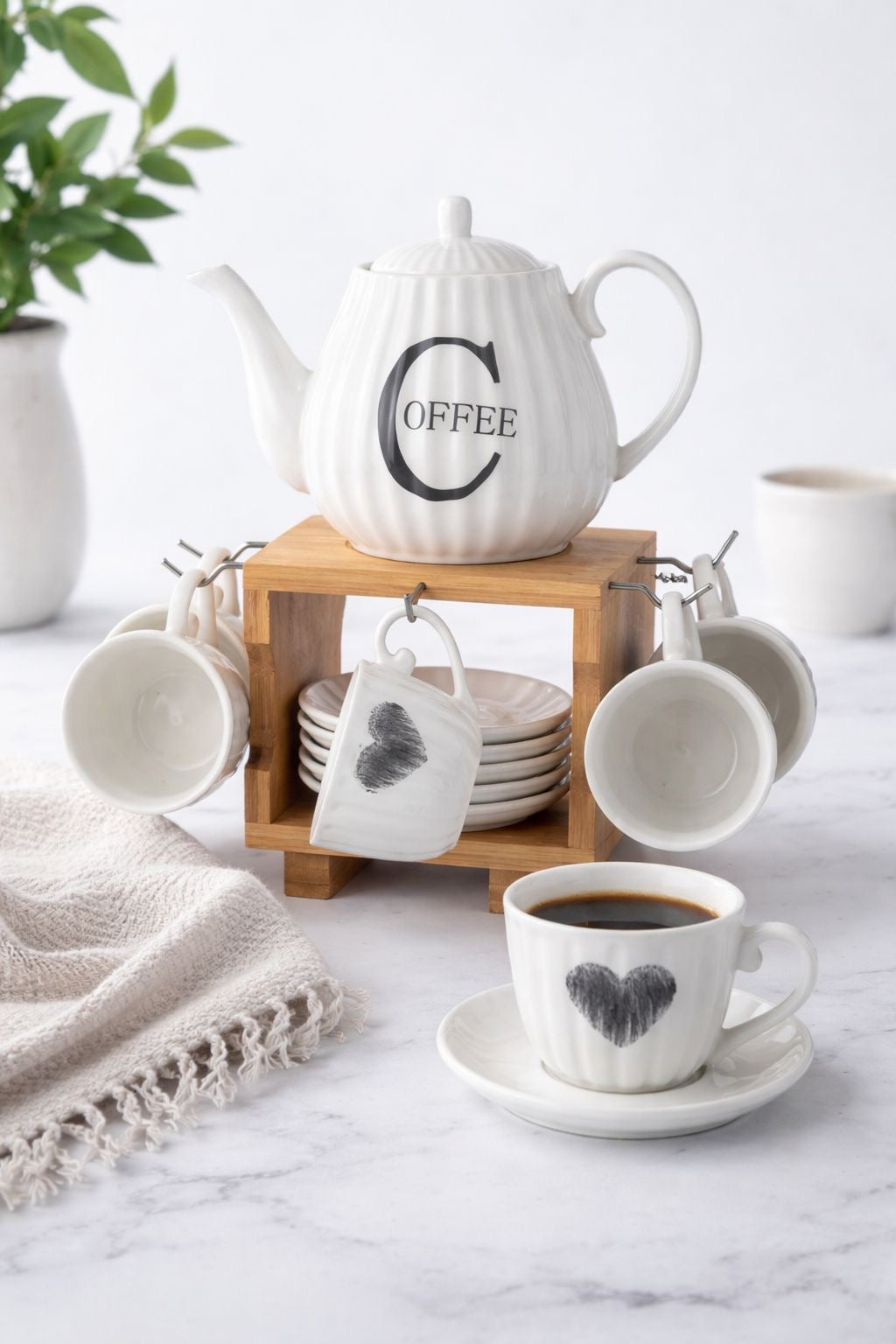13-Piece Ribbed Ceramic Coffee Set with Bamboo Stand - Heart Motif Mugs & Saucers