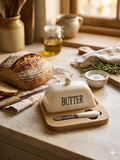 Vintage Ceramic Butter Dish with Lid & Wooden Tray | Butter Keeper with Spreader Knife