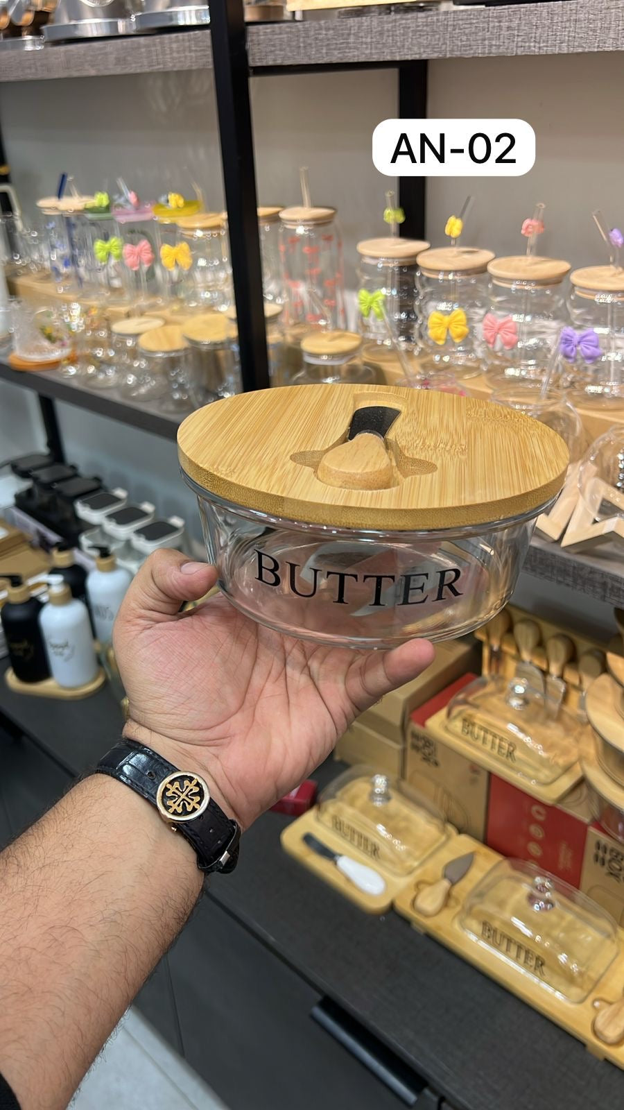 Pyrex Glass Butter Dish with Wood Lid and Knife