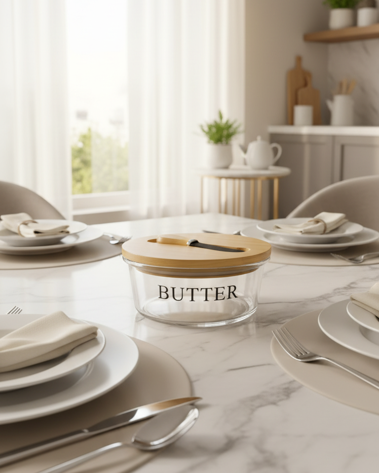 Pyrex Glass Butter Dish with Wood Lid and Knife