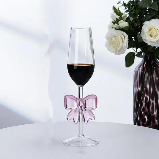 1 Piece Elegant Large Pink Bow Decorated Transparent Red Wine Glasses Goblet Champagne Flutes Coupes White Wine Glass Cup | 200Ml