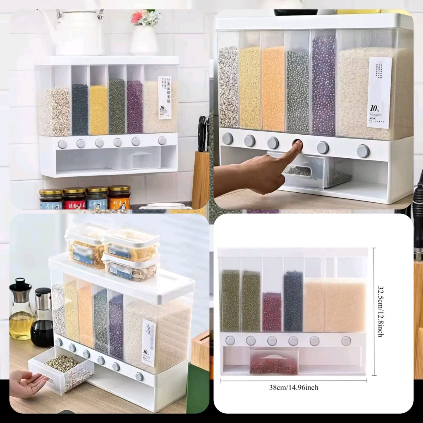 10 kg Cereal Dispenser, Wall-Mounted Dry Food Dispenser, Cereal Food Storage Container, Kitchen Storage Tank