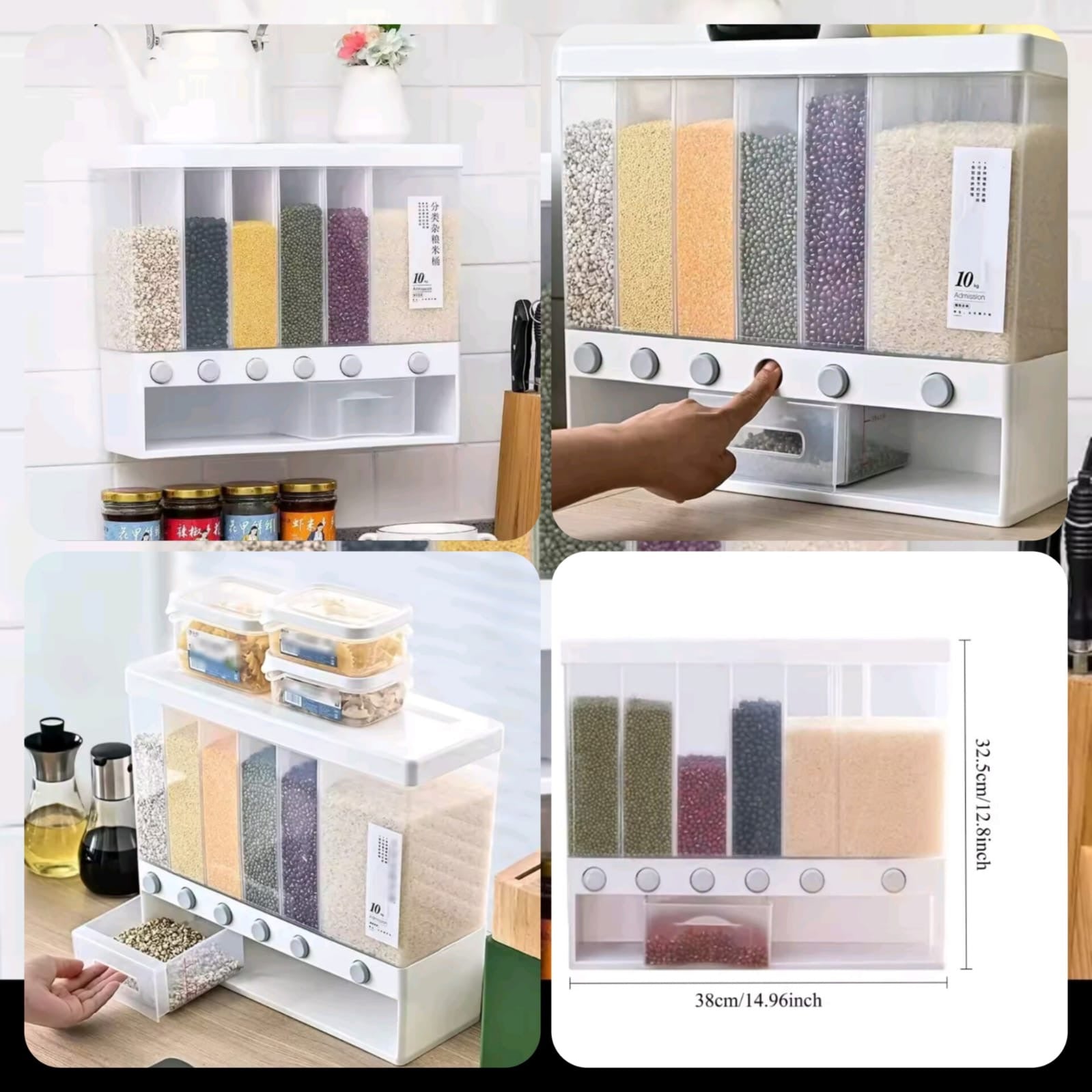 10 kg Cereal Dispenser, Wall-Mounted Dry Food Dispenser, Cereal Food Storage Container, Kitchen Storage Tank