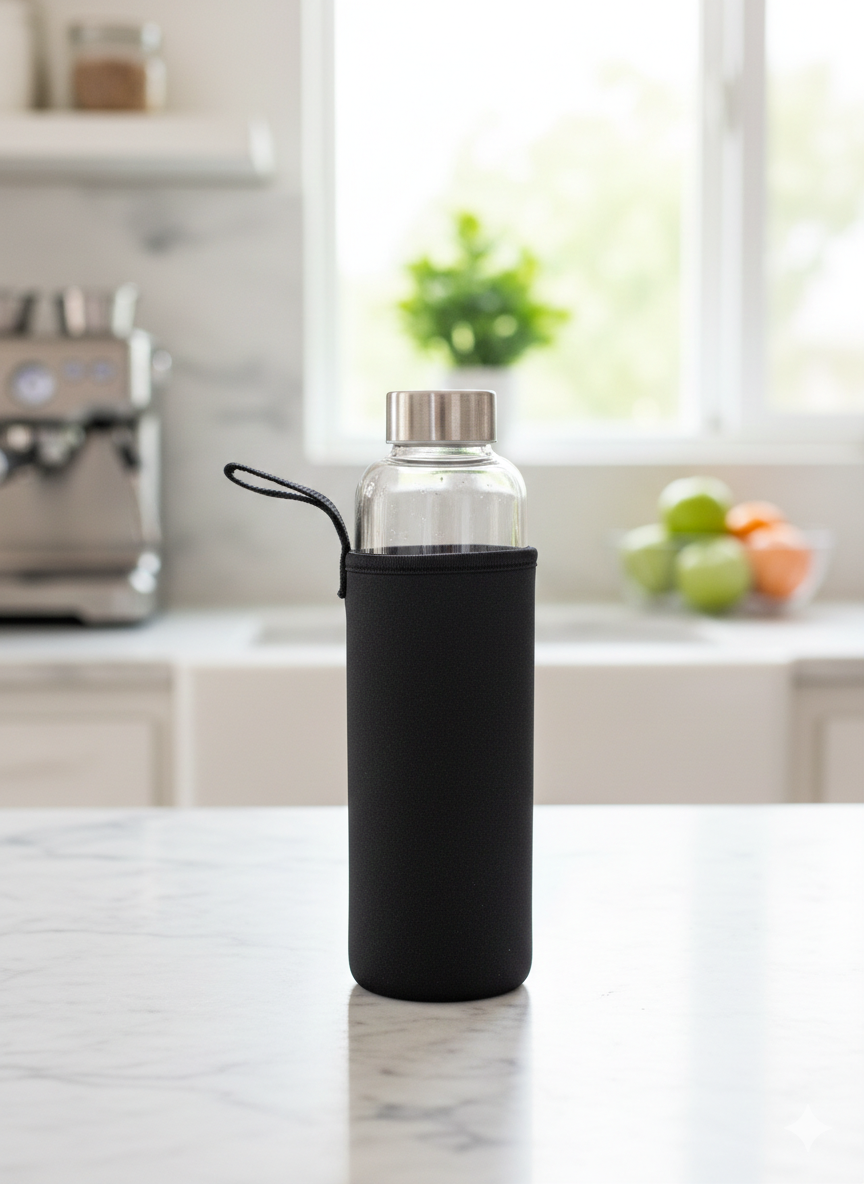 Premium Glass Water Bottle with Protective Neoprene Sleeve & Carry Loop