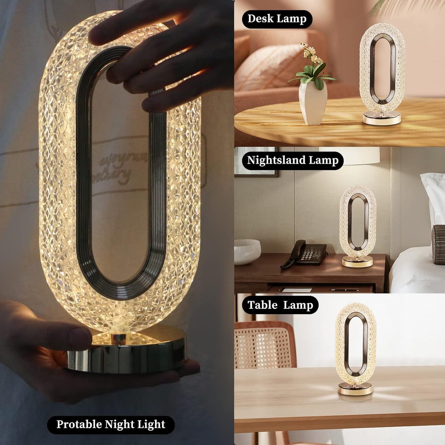 Luxury Crystal Oval Table Lamp – USB Rechargeable LED Night Light with Touch Dimming
