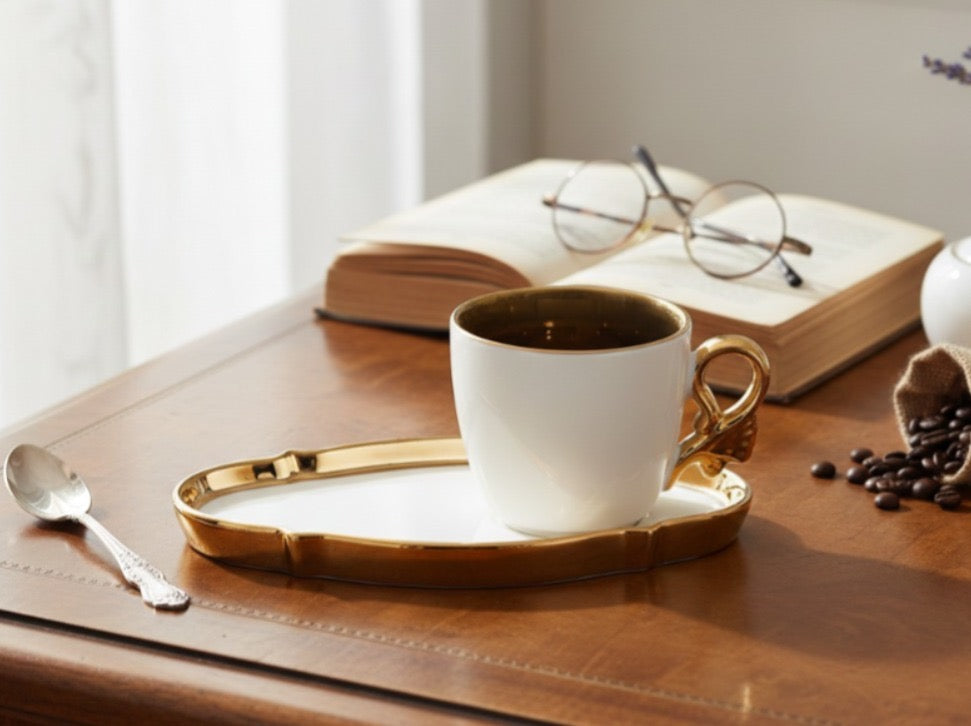 6 Pcs Luxury Ceramic Coffee Mug & Saucer Set – Gold Handle Tea Cup Set