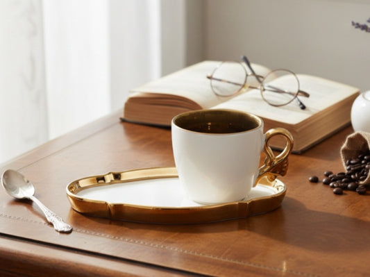 6 Pcs Luxury Ceramic Coffee Mug & Saucer Set – Gold Handle Tea Cup Set