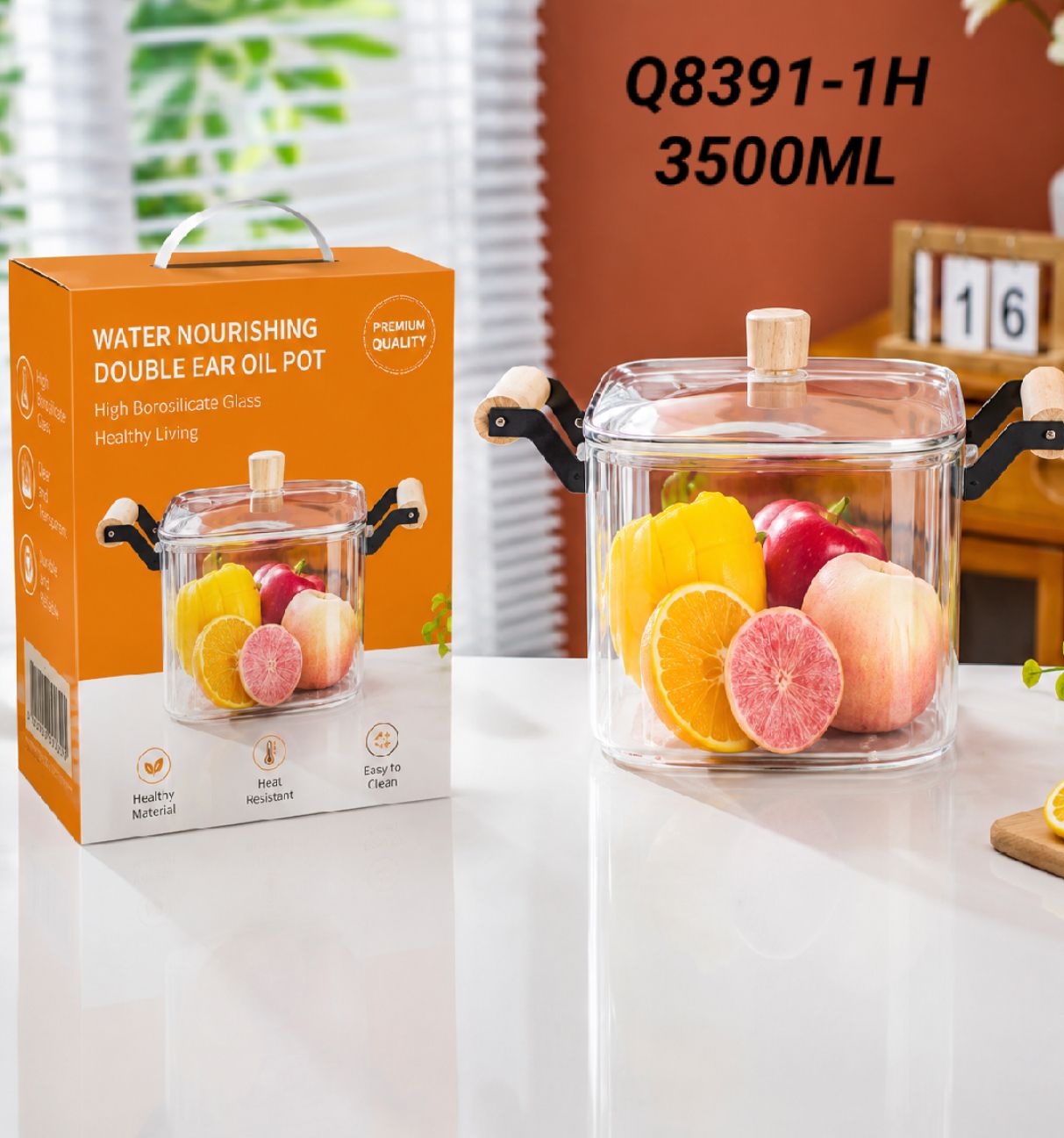 3500ml Premium Borosilicate Glass Cooking Pot with Wooden Handles | Heat-Resistant Square Glass Stew Pot with Lid