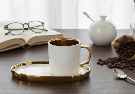 6 Pcs Luxury Ceramic Coffee Mug & Saucer Set – Gold Handle Tea Cup Set