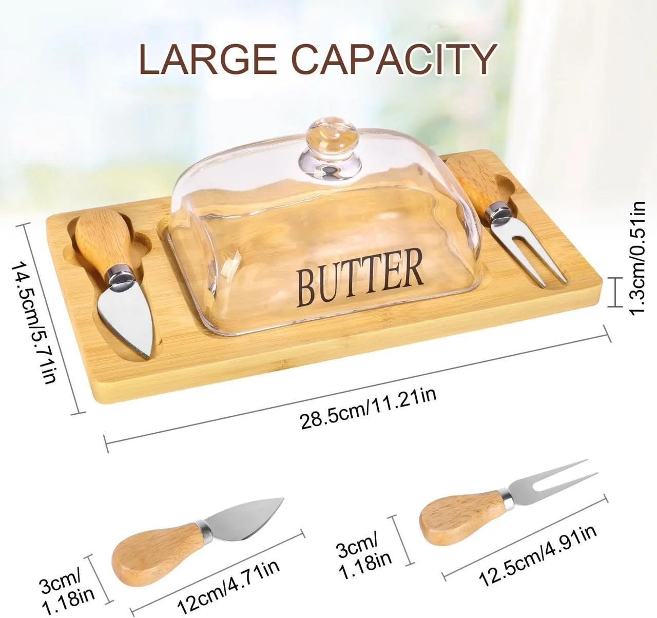 Elegant Wooden Butter Dish with Glass Lid & Knife Set – Multipurpose Serving Tray for Butter, Cheese, or Cake