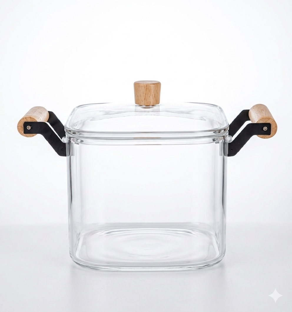 3500ml Premium Borosilicate Glass Cooking Pot with Wooden Handles | Heat-Resistant Square Glass Stew Pot with Lid