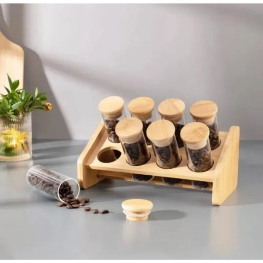 Transparent Round Jar With Wooden Lid & Wooden Rack Set 9Pc