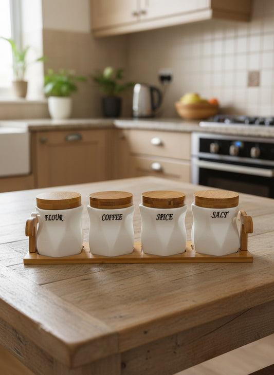 4 Pcs Ceramic Jar Set With Wooden Tray