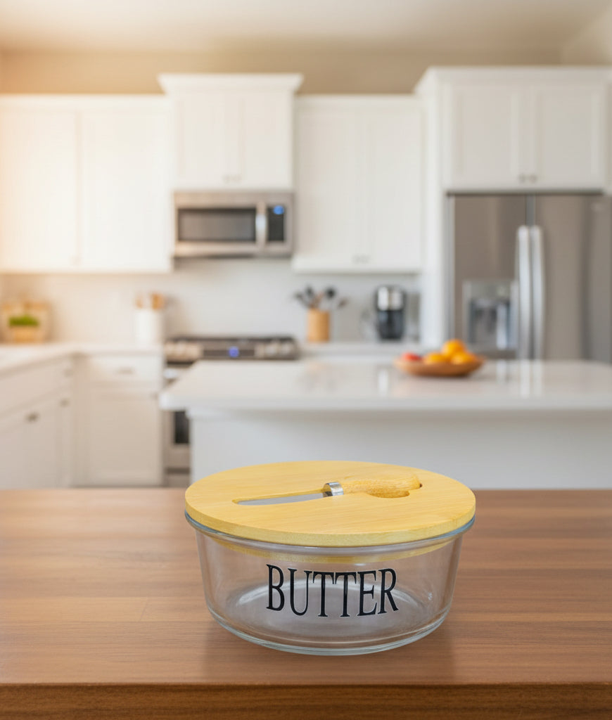Pyrex Glass Butter Dish with Wood Lid and Knife